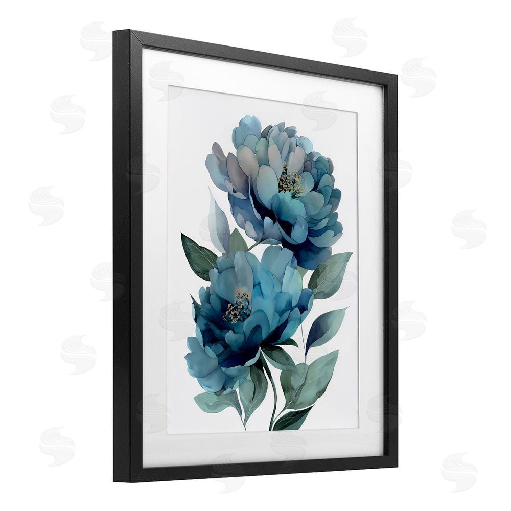 Franklyn Gregory Two Blue Flowers Serene Peonies Black Framed Print Under Glass with White Mat Wall Art