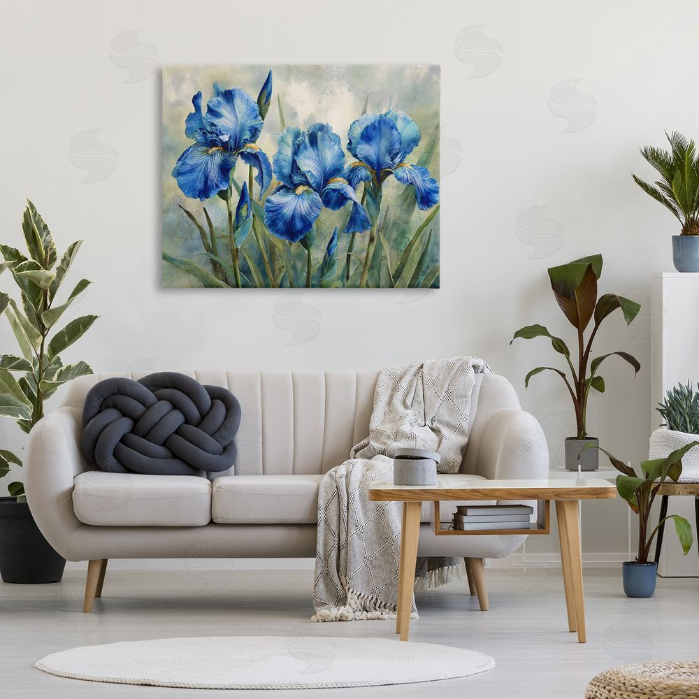 Franklyn Gregory Drawn Blue Iris Flowers Stretched Canvas Wall Art in Room