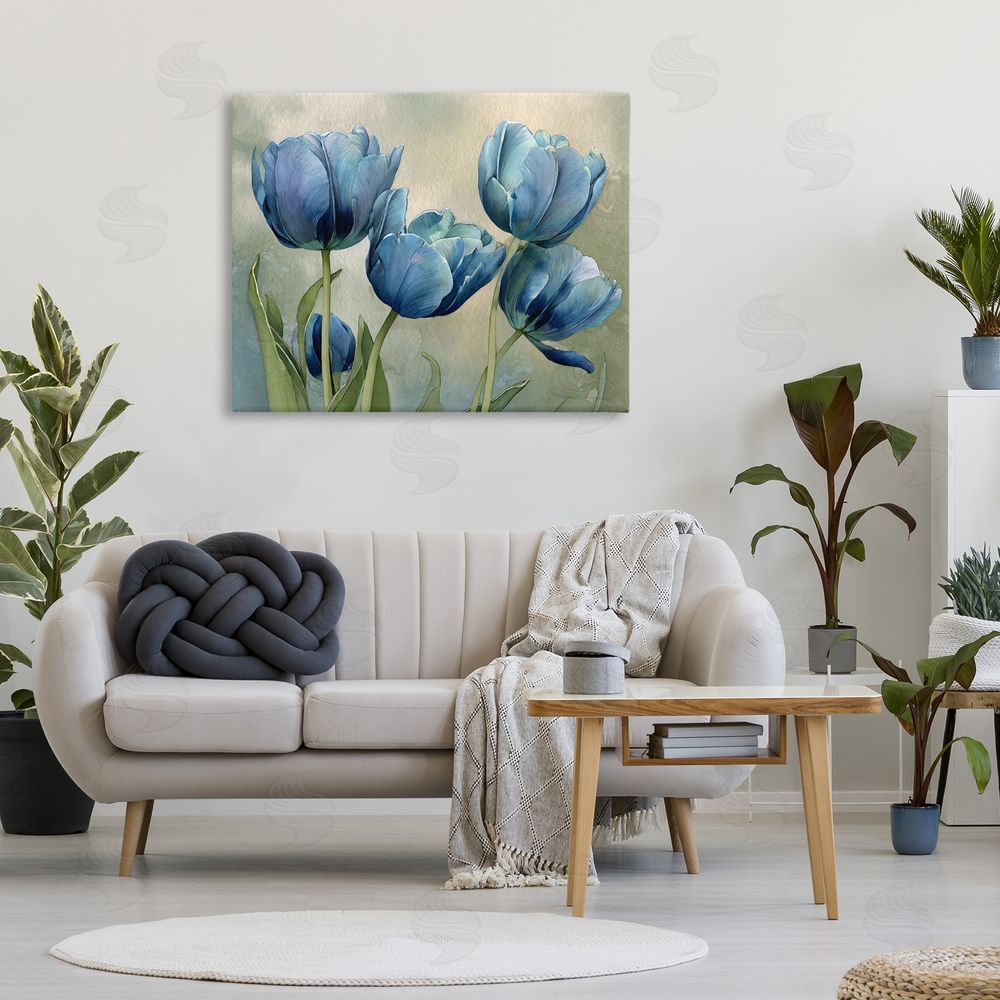 Franklyn Gregory Drawn Blue Tulip Flowers Stretched Canvas Wall Art in Room