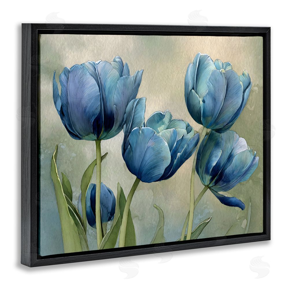 Franklyn Gregory Drawn Blue Tulip Flowers Black Floating Frame Canvas Wall Art Print