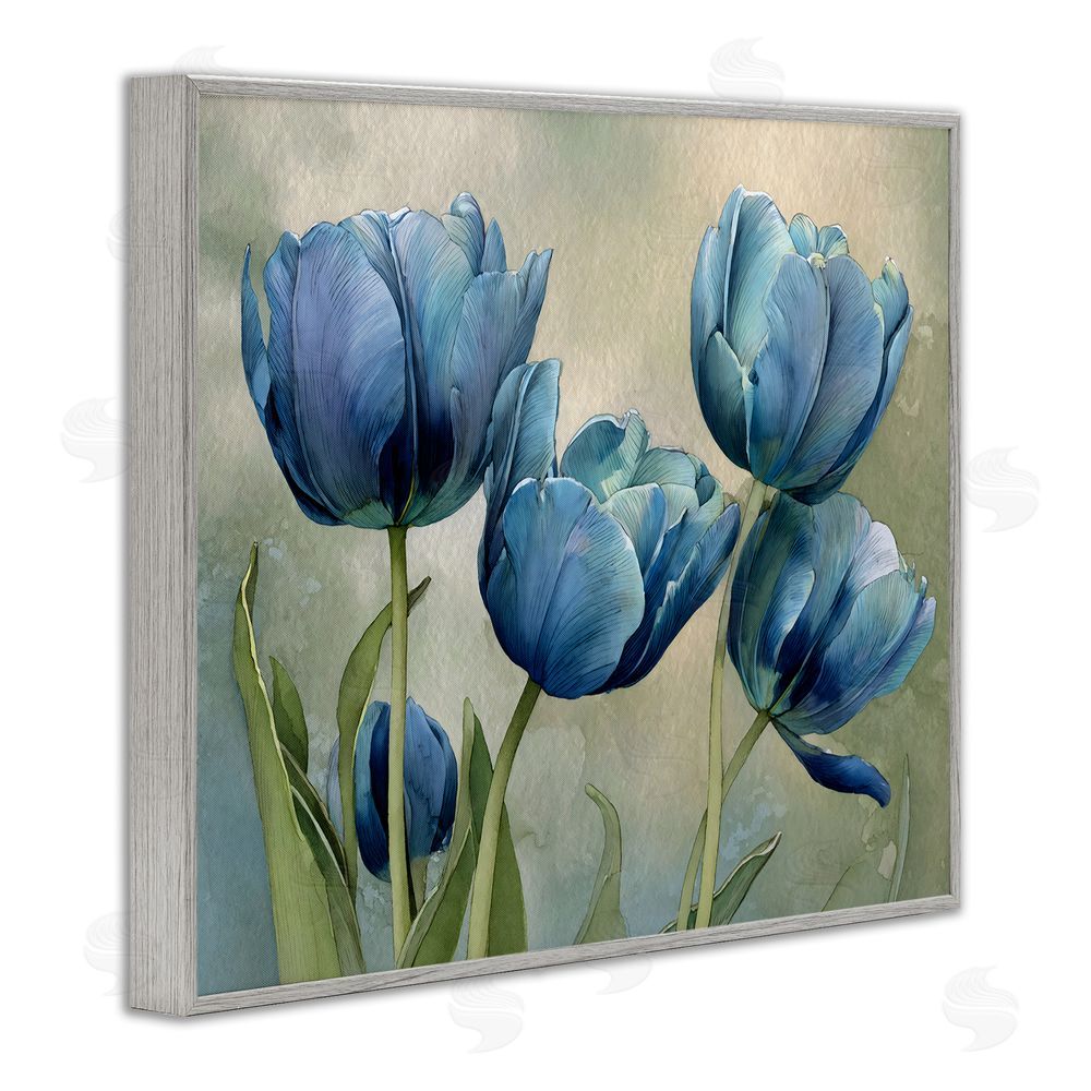 Franklyn Gregory Drawn Blue Tulip Flowers Gray Framed Giclee Wall Art Print