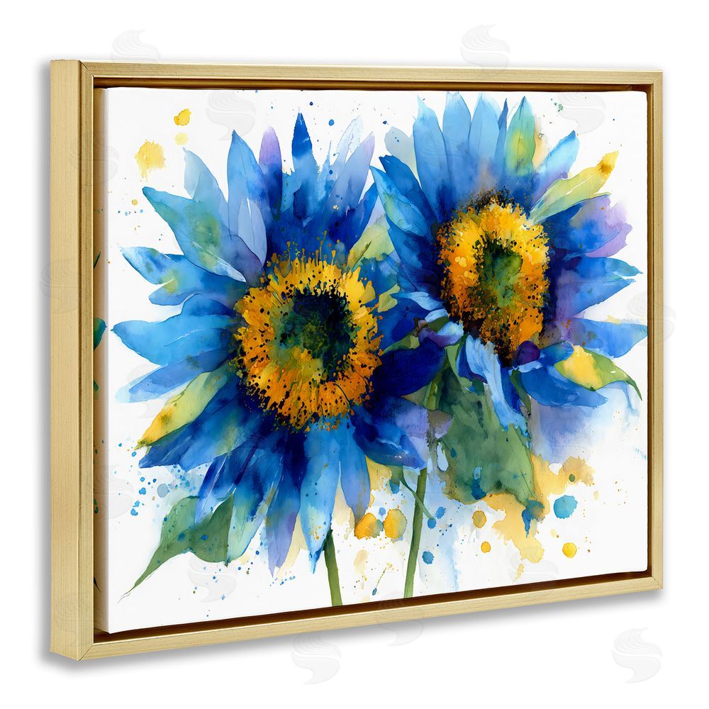 Franklyn Gregory Blue Sunflowers Bouquet Gold Floating Frame Stretched Canvas Wall Art Print