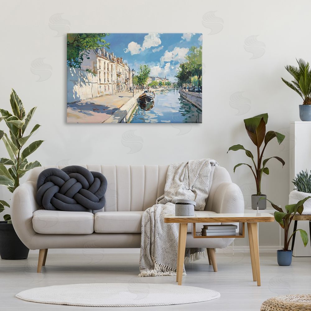 Creative Studio Boat in Canal Summer Reflection Stretched Canvas Wall Art Print in Room