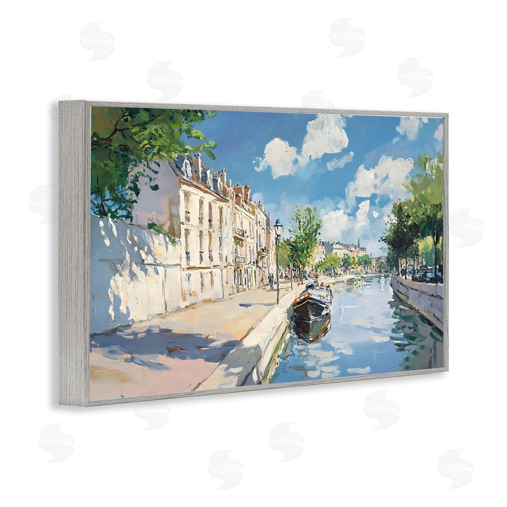 Creative Studio Boat in Canal Summer Reflection Gray Framed Giclee Wall Art Print