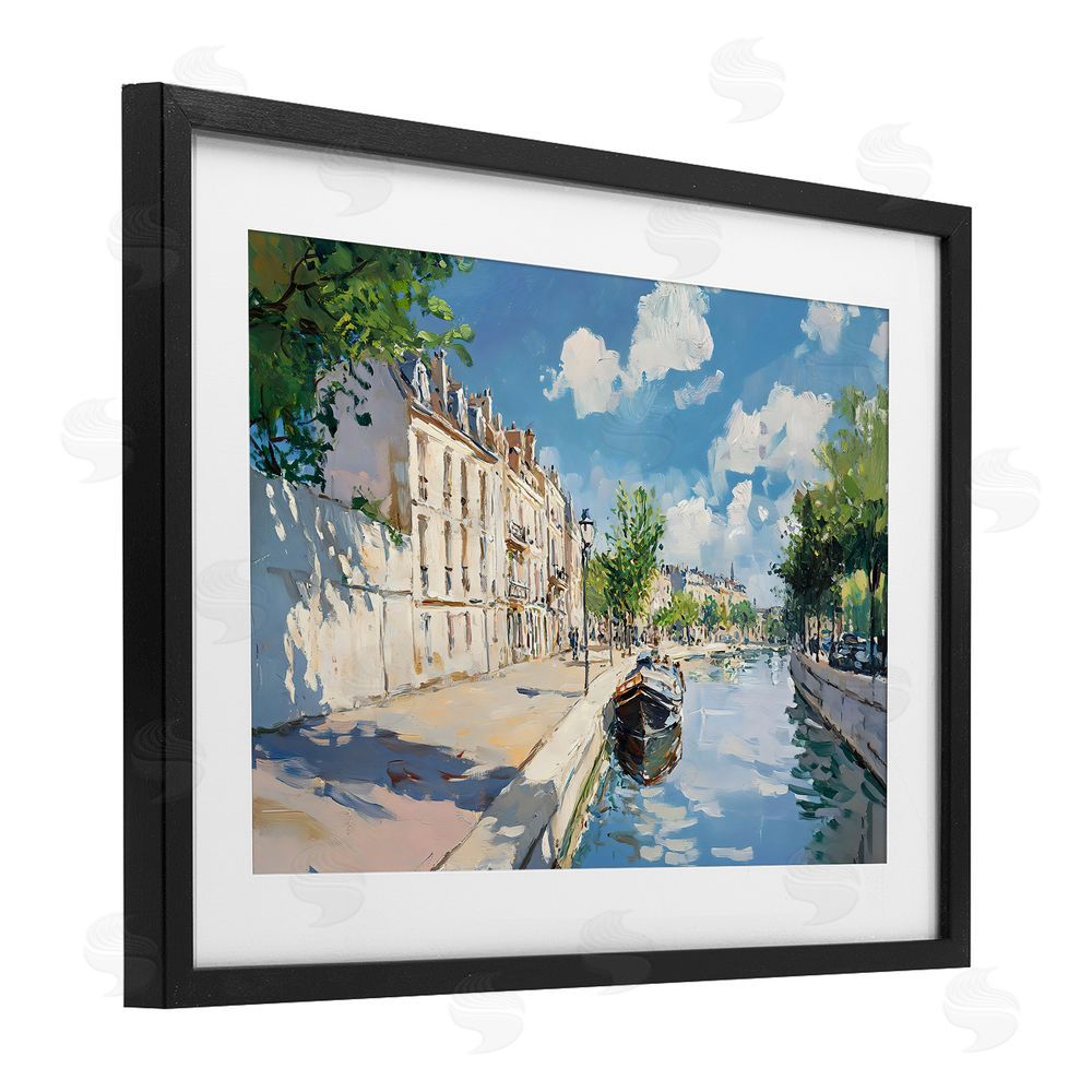 Creative Studio Boat in Canal Summer Reflection Black Framed Print Under Glass with Matting Wall Art