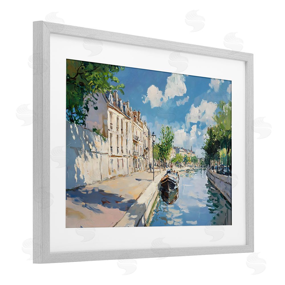 Creative Studio Boat in Canal Summer Reflection Gray Framed Print Under Glass with Matting Wall Art