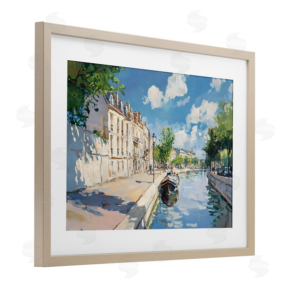 Creative Studio Boat in Canal Summer Reflection Brown Framed Print Under Glass with Matting Wall Art