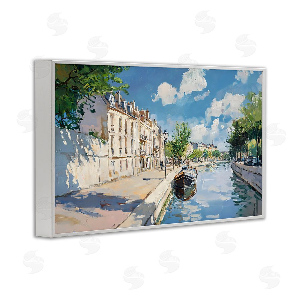 Creative Studio Boat in Canal Summer Reflection White Framed Giclee Wall Art Print