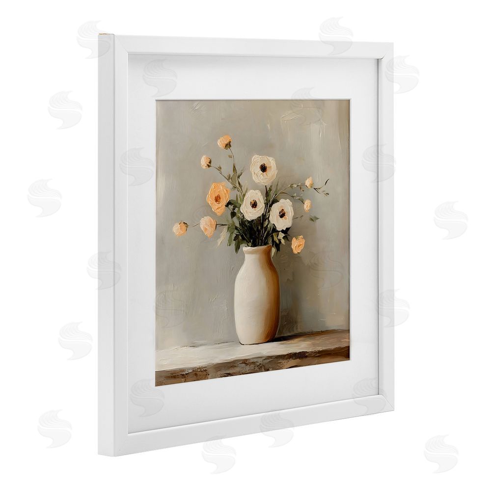 Creative Studio Simple Floral Vase in Pastels White Framed Print Under Glass with White Mat Wall Art