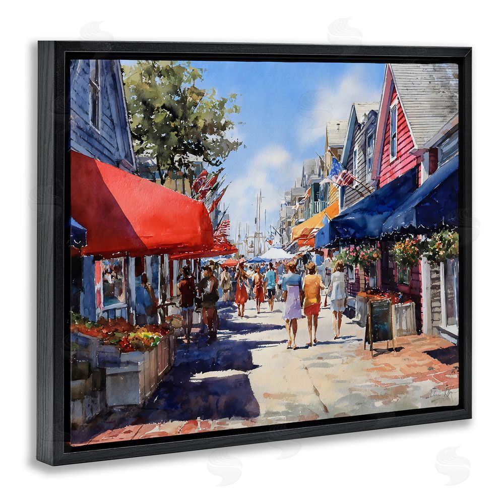 Franklyn Gregory American Coastal Town Stroll Black Floating Frame Stretched Canvas Wall Art Print