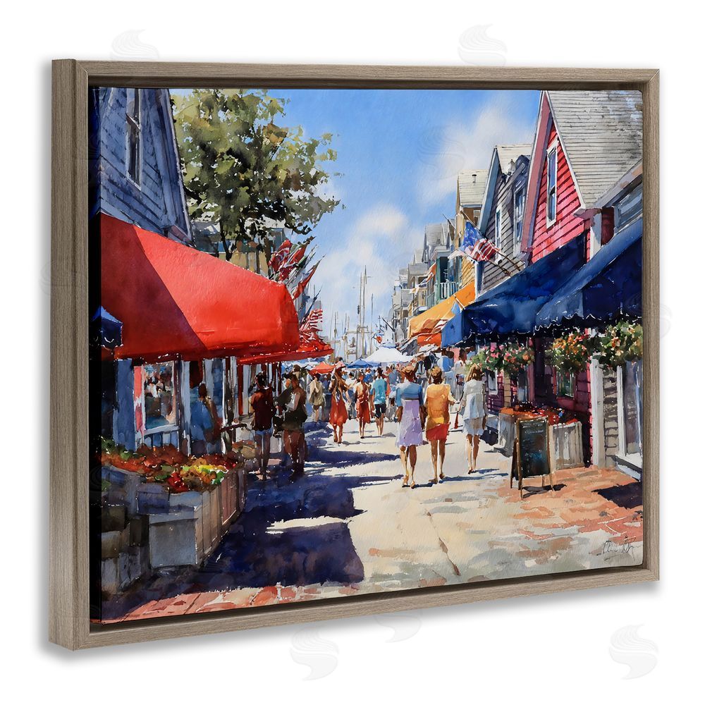 Franklyn Gregory American Coastal Town Stroll Brown Floating Frame Stretched Canvas Wall Art Print