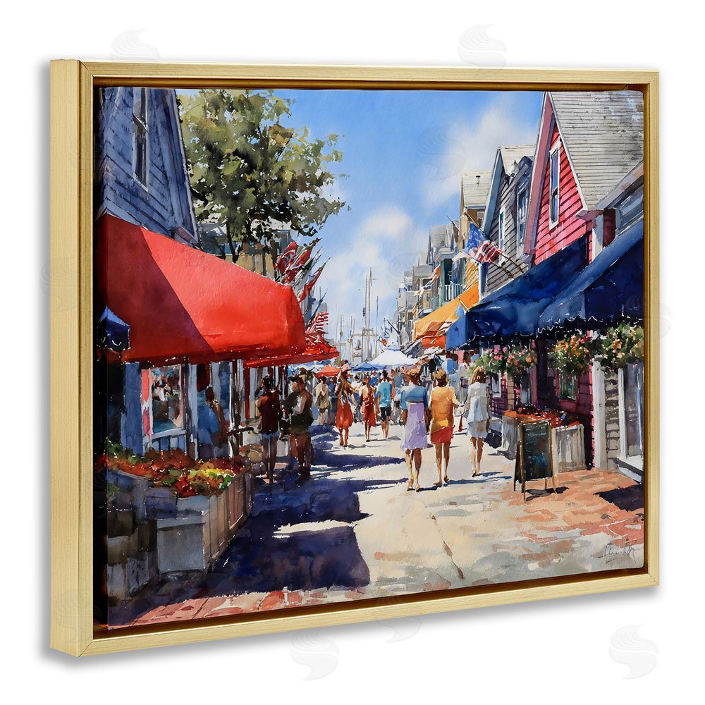 Franklyn Gregory American Coastal Town Stroll Gold Floating Frame Stretched Canvas Wall Art Print