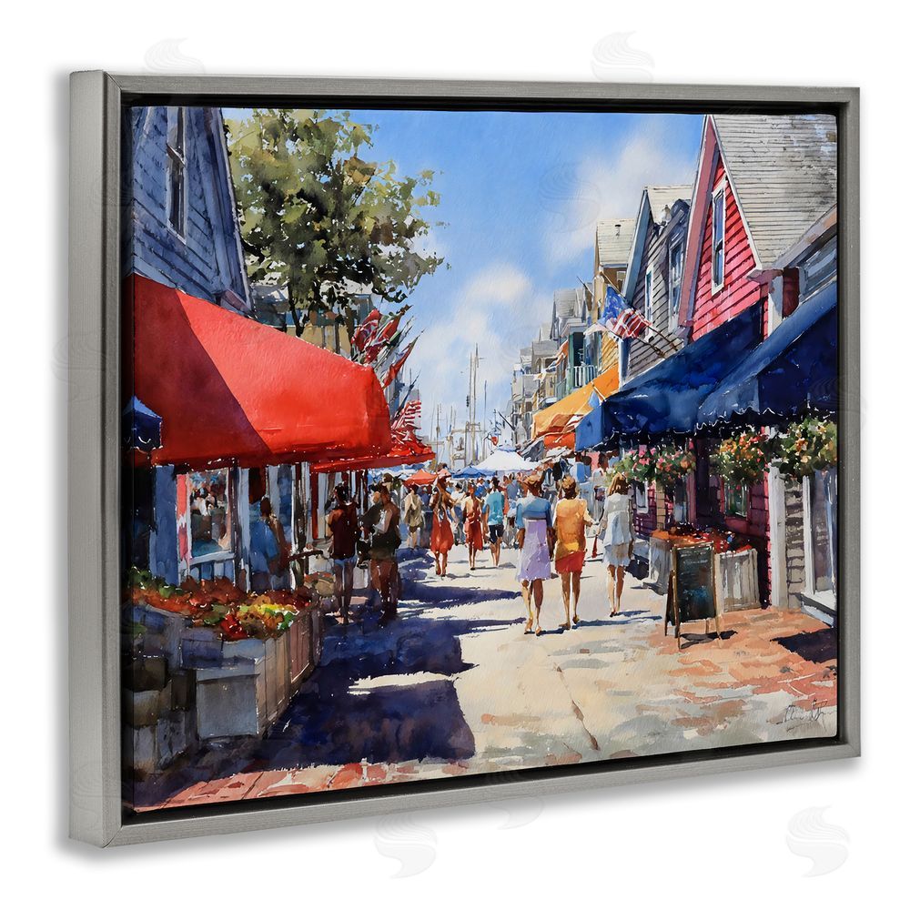 Franklyn Gregory American Coastal Town Stroll Gray Floating Frame Stretched Canvas Wall Art Print