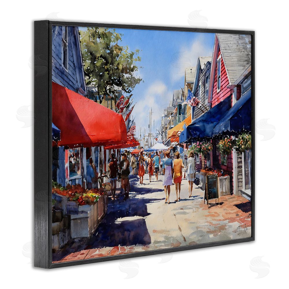 Franklyn Gregory American Coastal Town Stroll Black Framed Giclee Wall Art Print