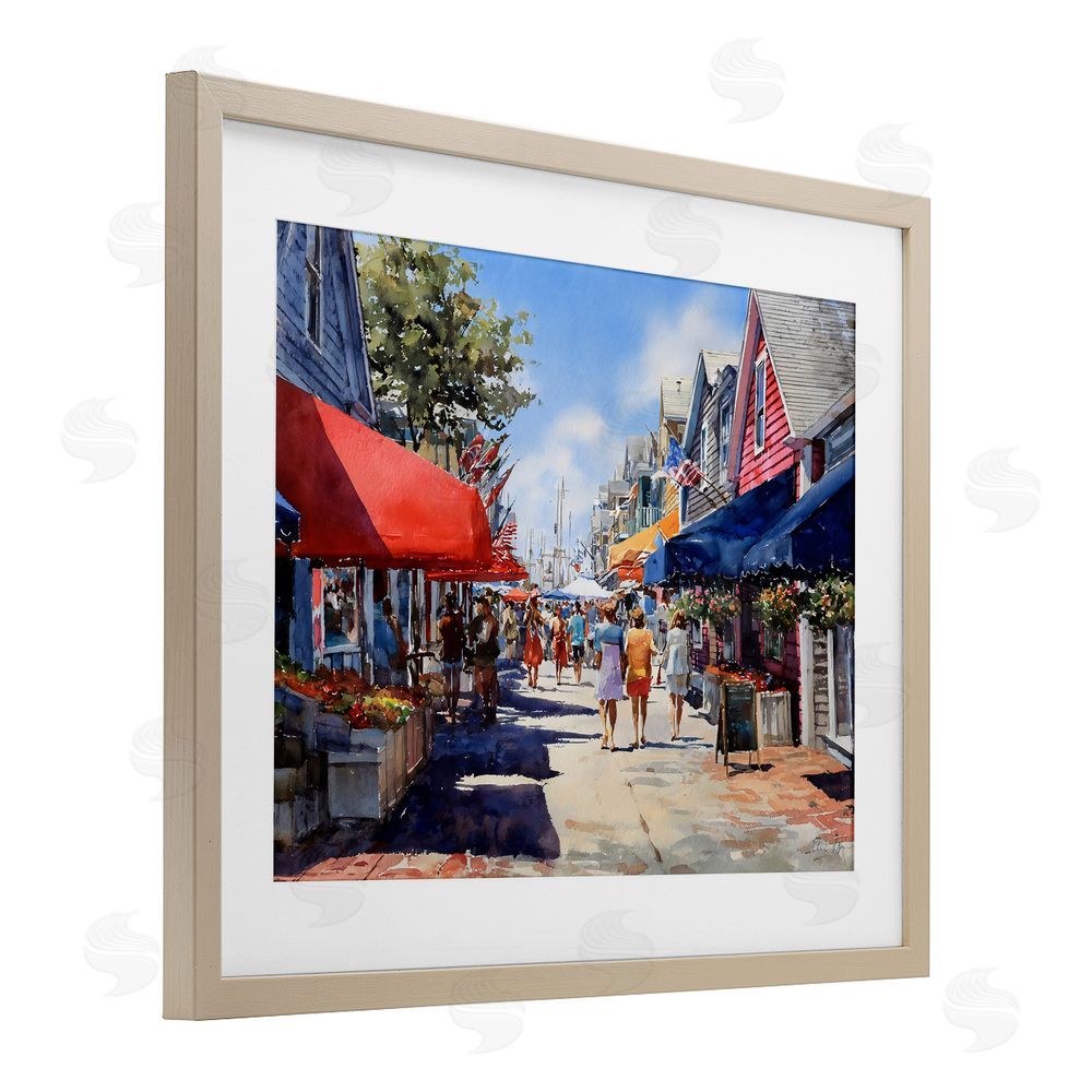 Franklyn Gregory American Coastal Town Stroll Brown Framed Print Under Glass with Matting Wall Art