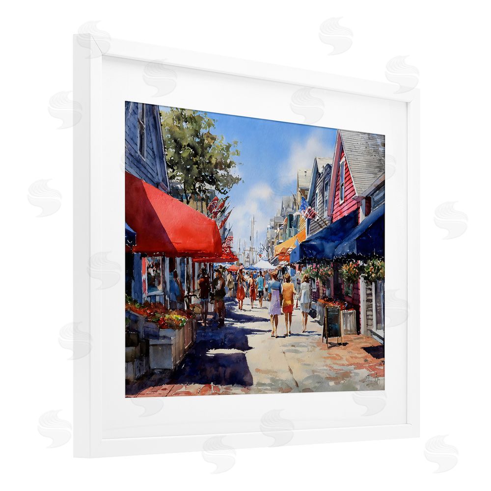 Franklyn Gregory American Coastal Town Stroll White Framed Print Under Glass with Matting Wall Art