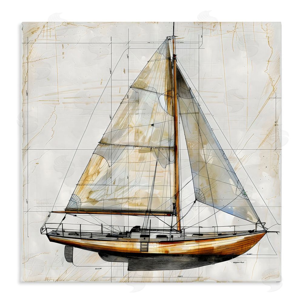Creative Studio Vintage Sailboat Drawing Blueprint Stretched Canvas Wall Art Print
