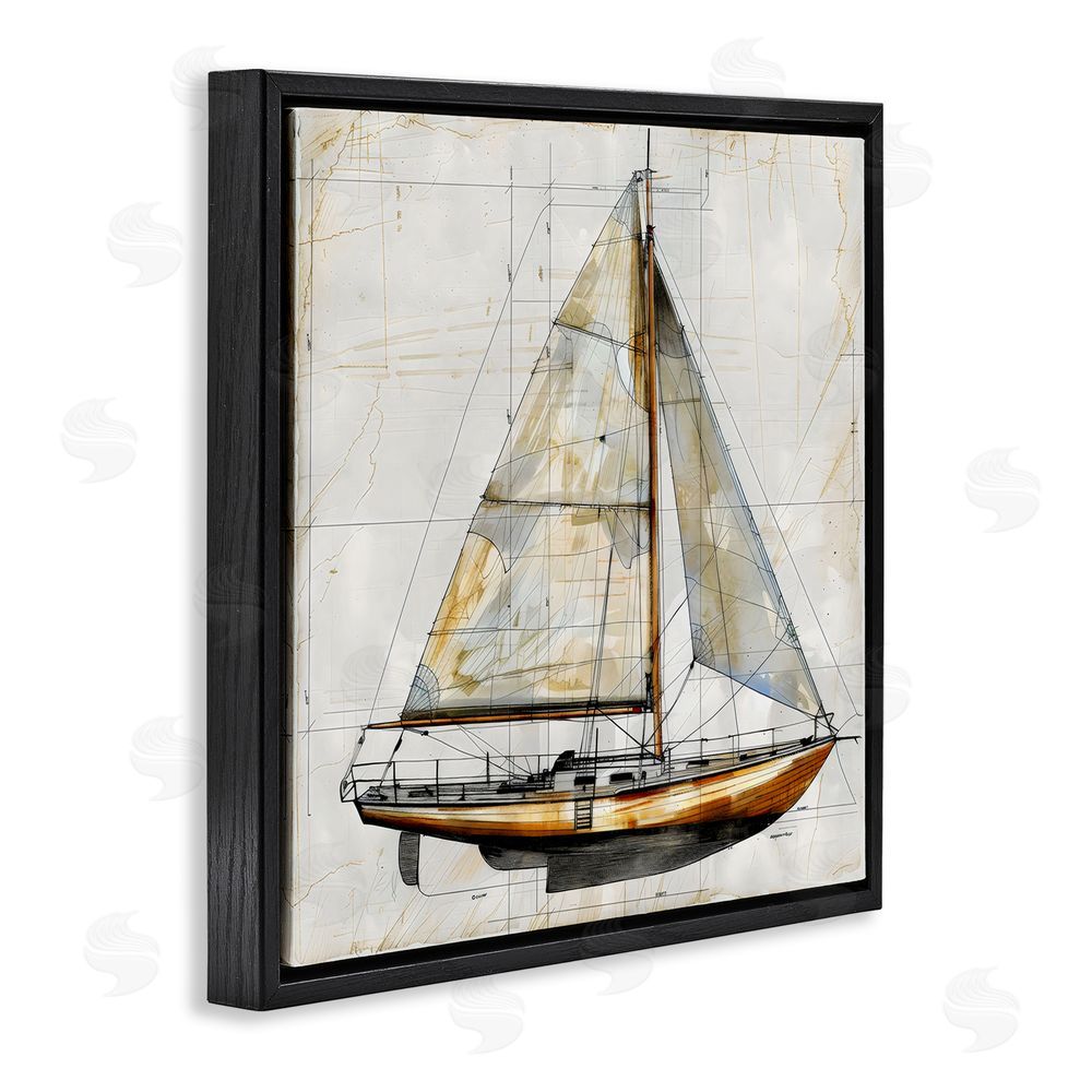 Creative Studio Vintage Sailboat Drawing Blueprint Black Floating Framed Canvas Wall Art Print