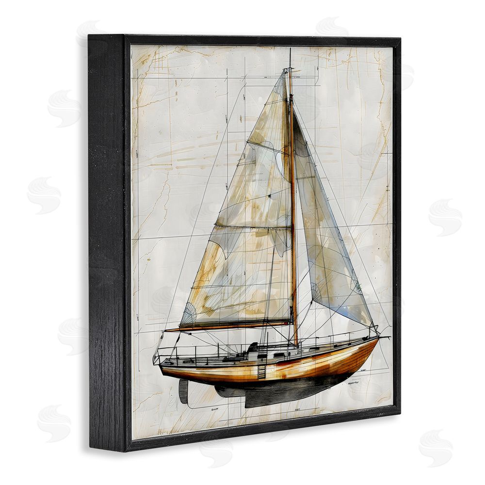 Creative Studio Vintage Sailboat Drawing Blueprint Black Framed Giclee Wall Art Print