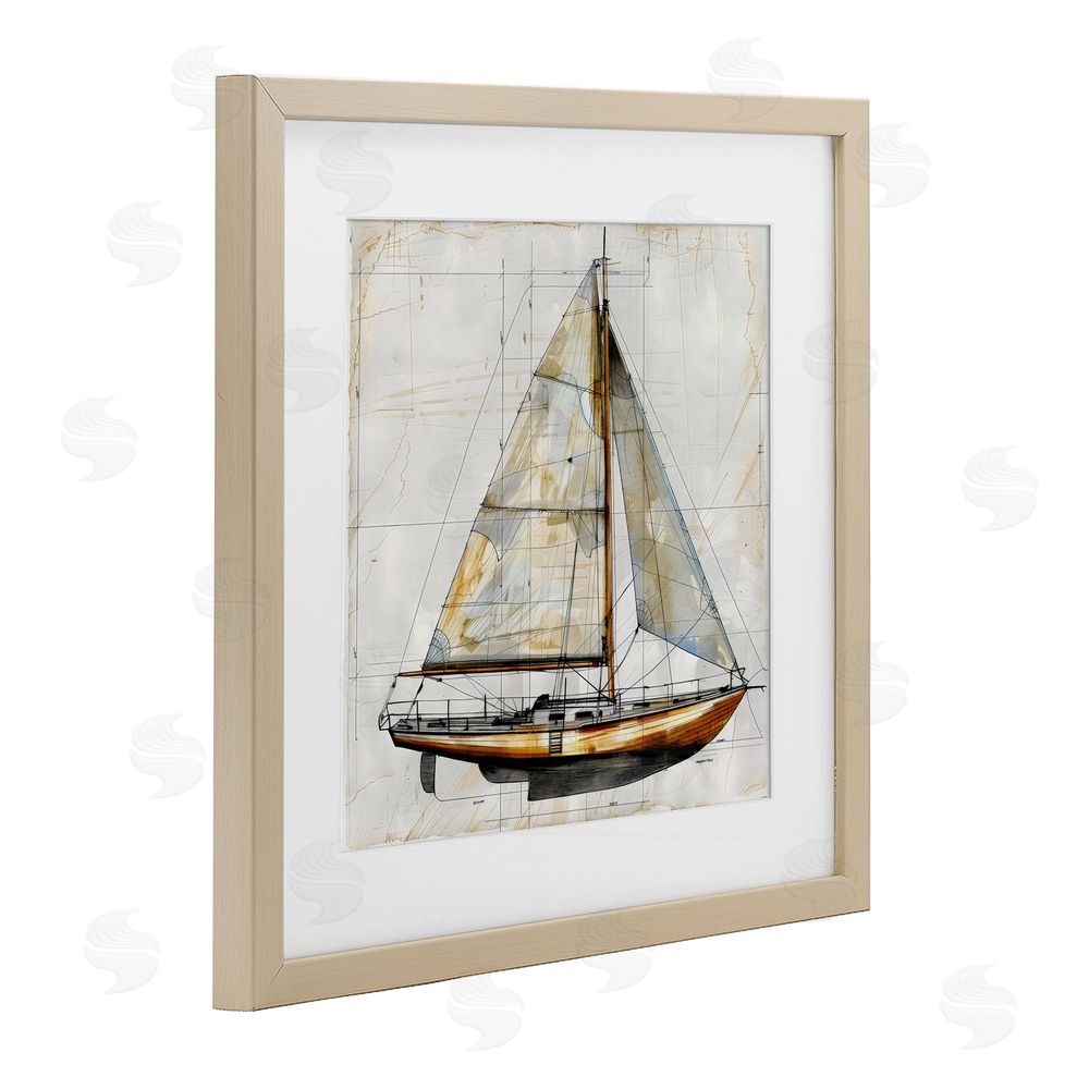 Creative Studio Vintage Sailboat Drawing Blueprint Brown Framed Print Under Glass with White Mat Wall Art