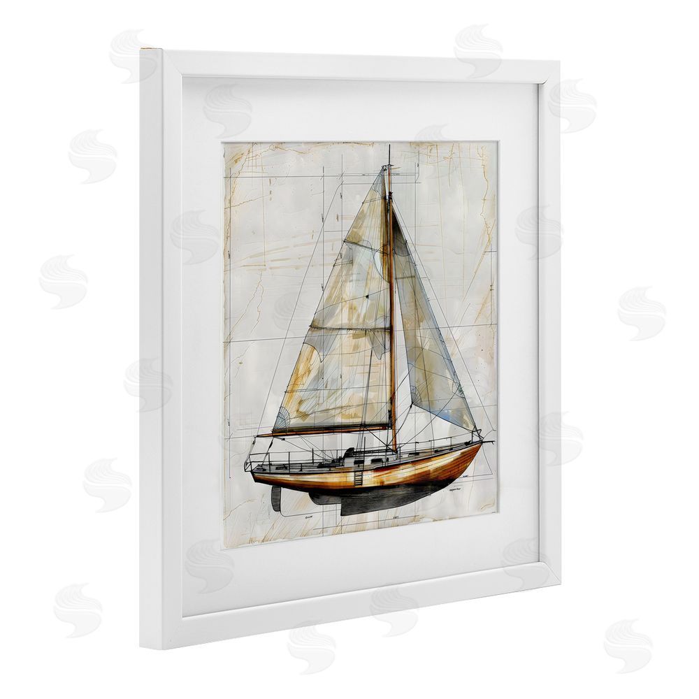 Creative Studio Vintage Sailboat Drawing Blueprint White Framed Print Under Glass with White Mat Wall Art