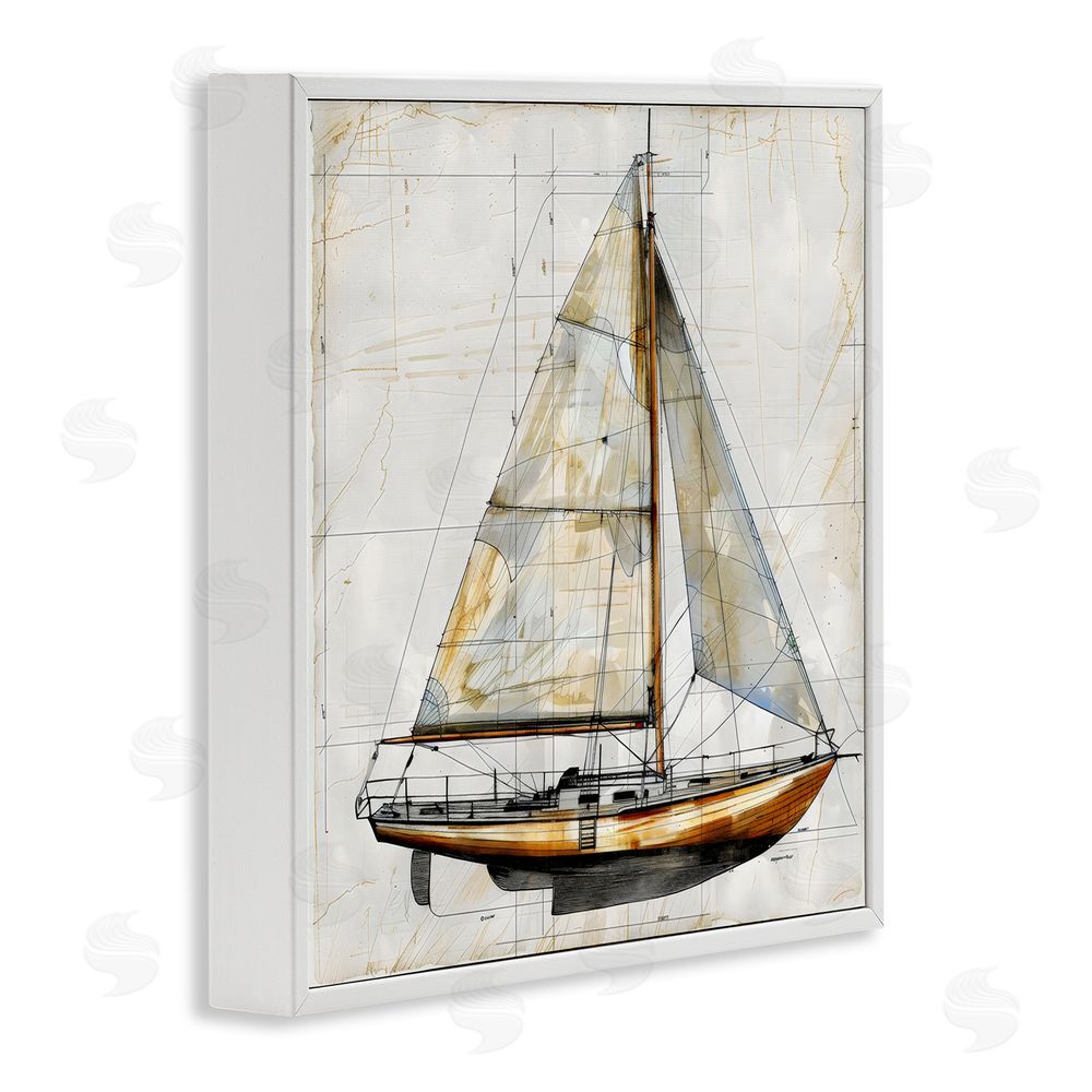 Creative Studio Vintage Sailboat Drawing Blueprint White Framed Giclee Wall Art Print