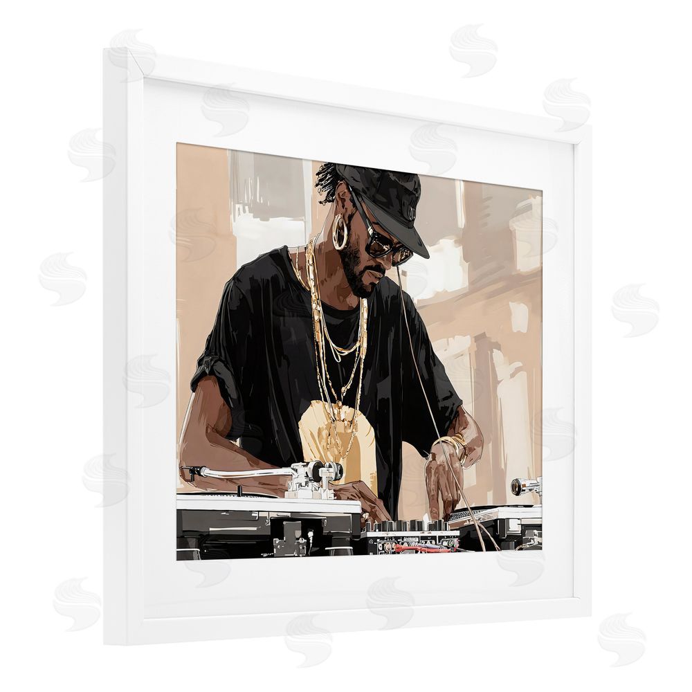 Franklyn Gregory Timeless DJ with Urban Rhythm White Framed Print Under Glass with White Mat Wall Art