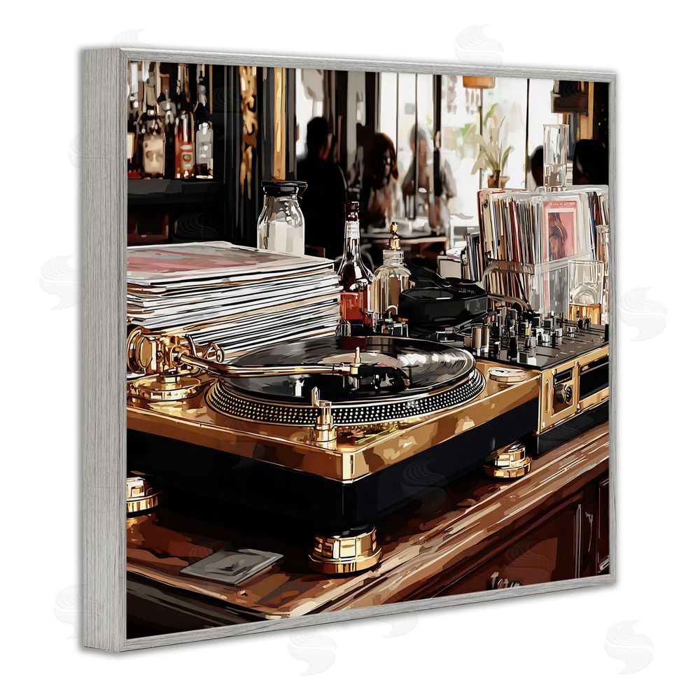 Franklyn Gregory Work Place Vintage Gold Turntable Gray Framed Giclee Wall Art Print