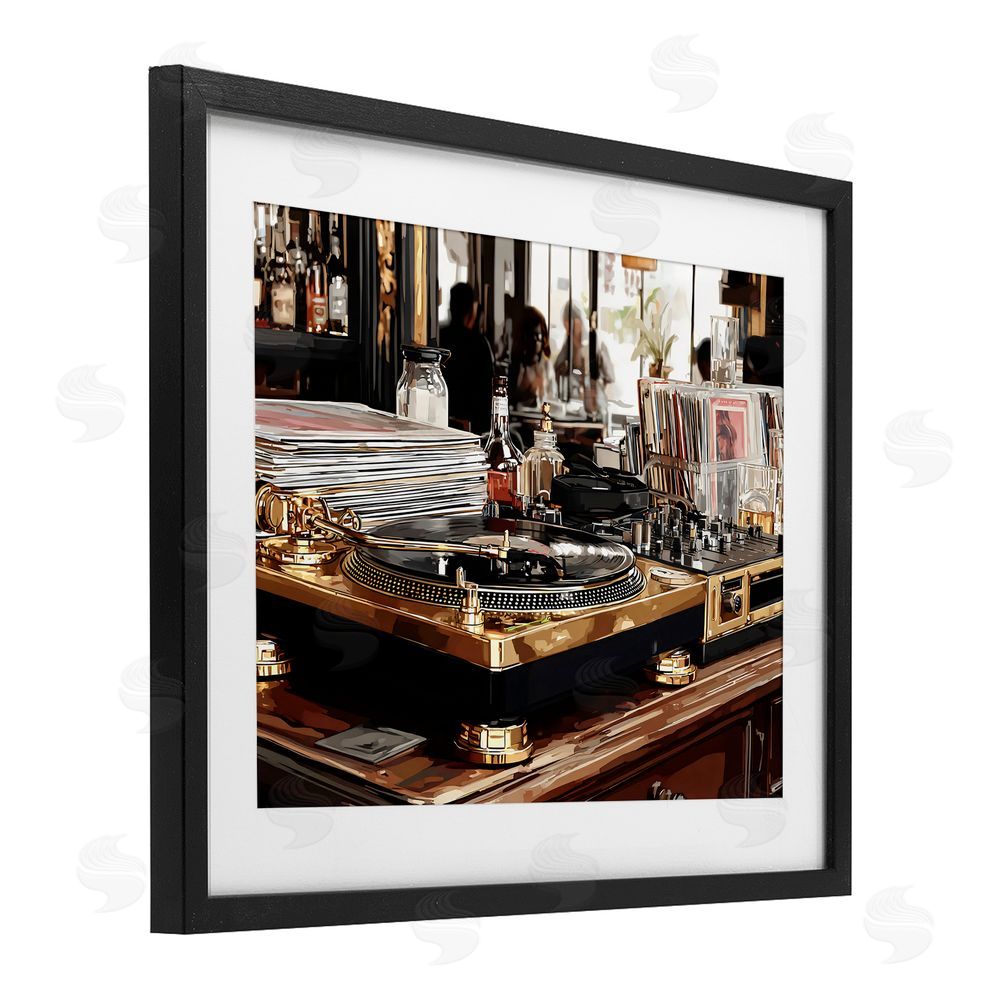 Franklyn Gregory Work Place Vintage Gold Turntable Black Framed Print Under Glass with White Mat Wall Art