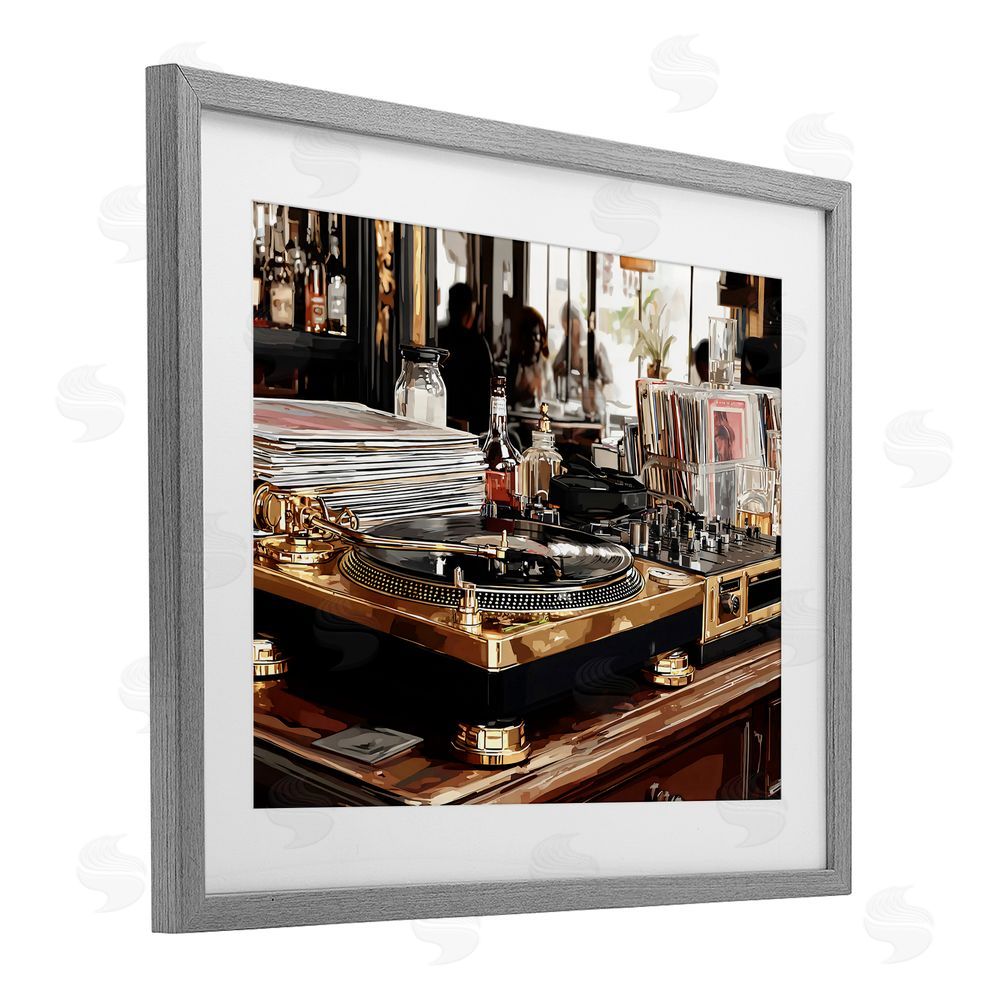 Franklyn Gregory Work Place Vintage Gold Turntable Gray Framed Print Under Glass with White Mat Wall Art
