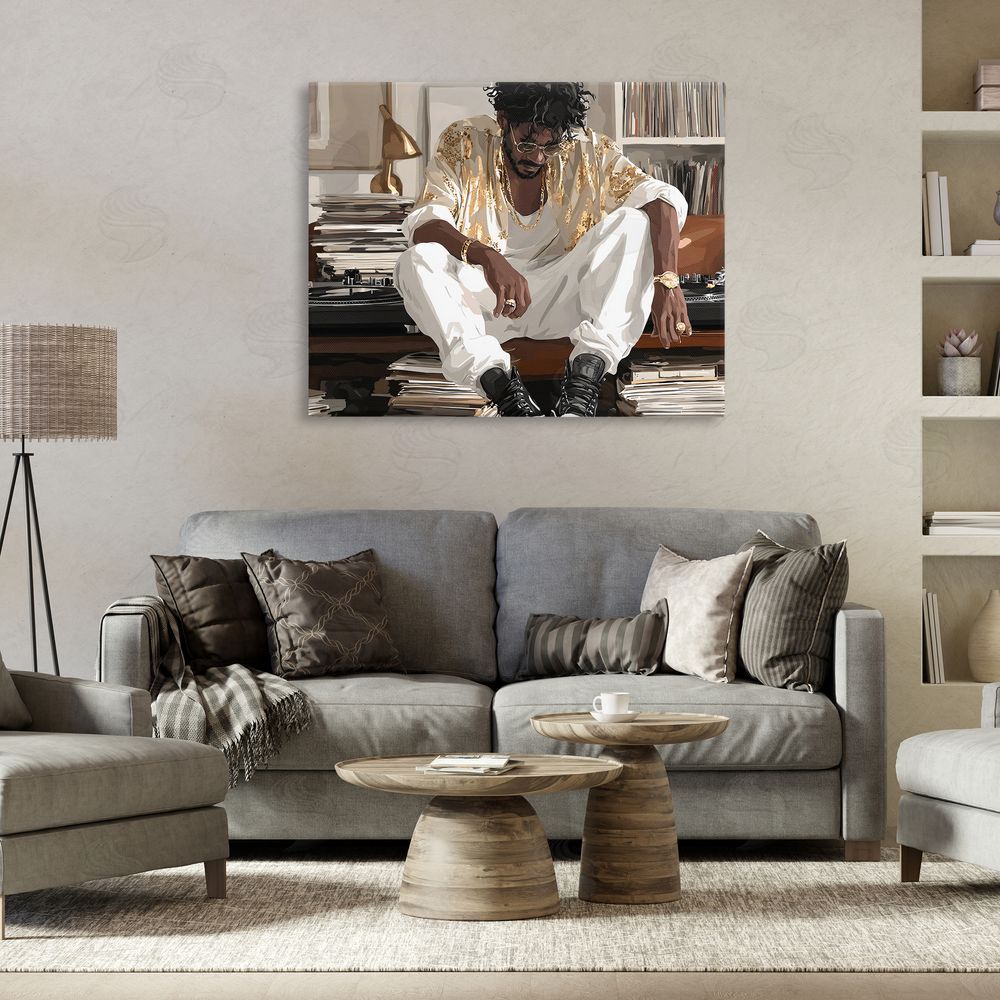 Franklyn Gregory DJ with Record Collection Stretched Canvas Wall Art in Room