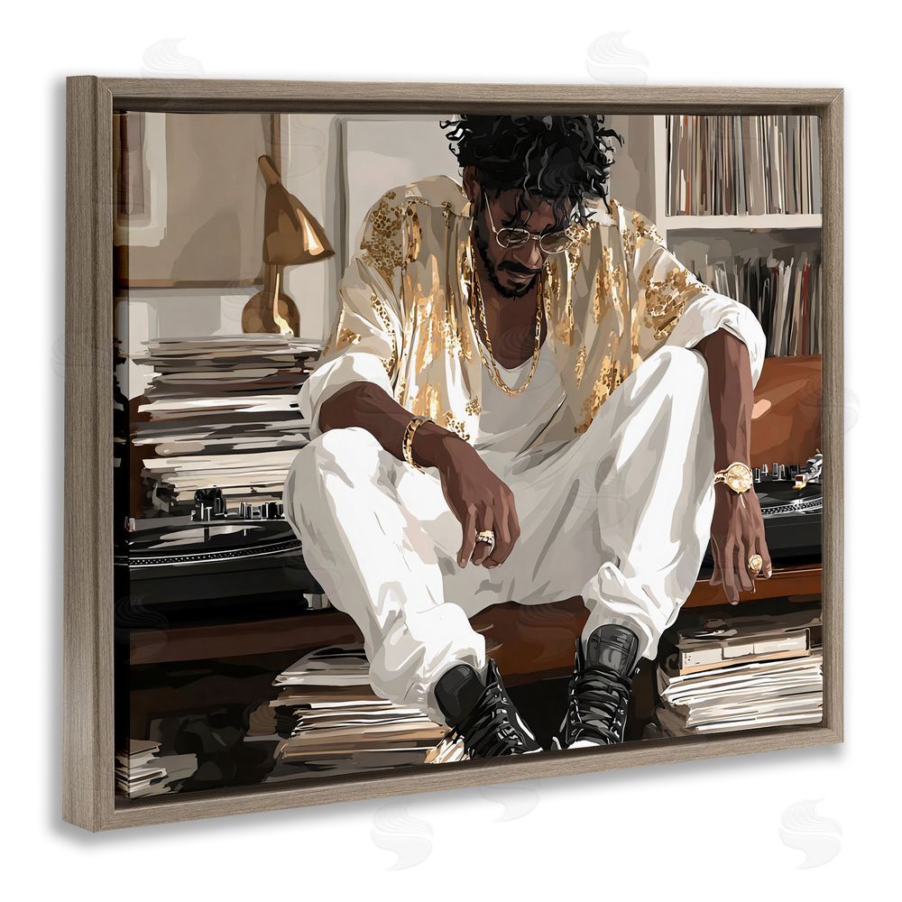 Franklyn Gregory DJ with Record Collection Brown Floating Frame Canvas Wall Art Print