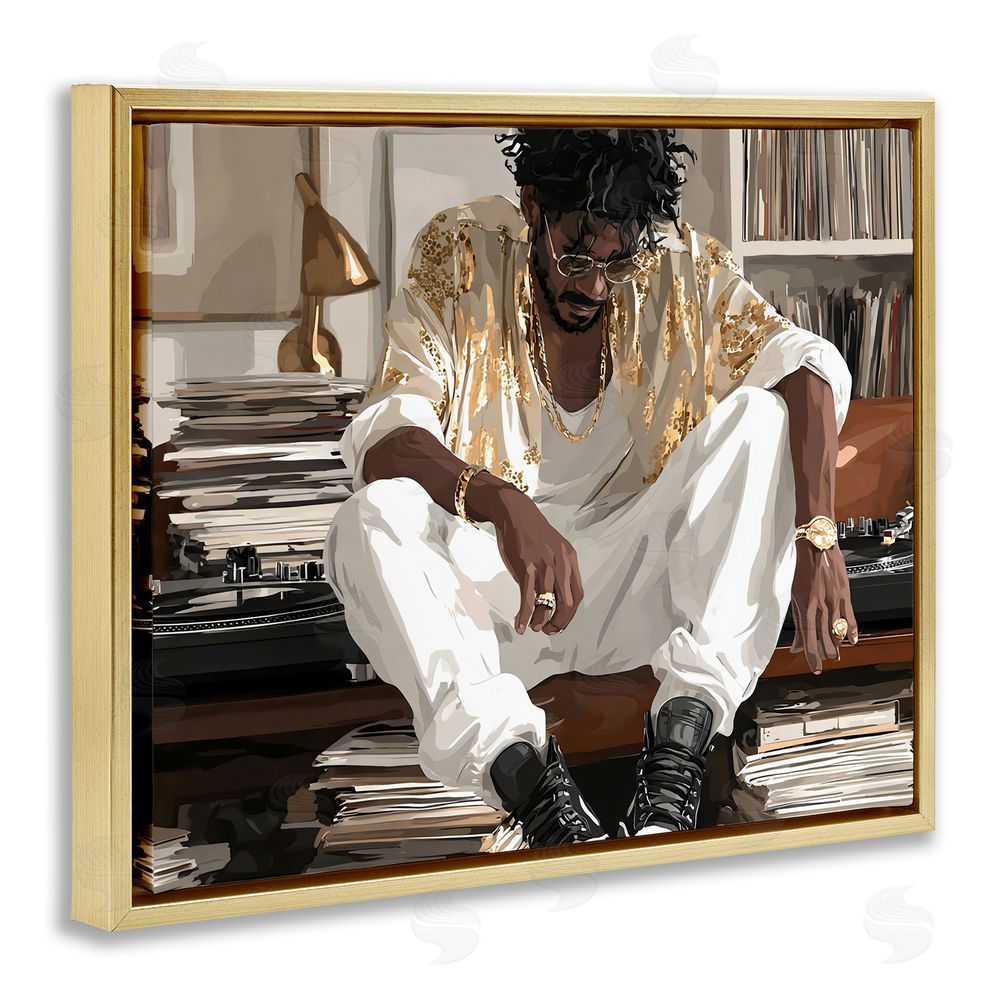 Franklyn Gregory DJ with Record Collection Gold Floating Frame Canvas Wall Art Print