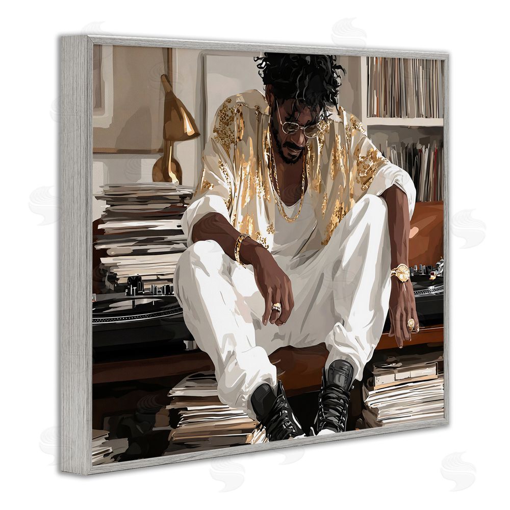 Franklyn Gregory DJ with Record Collection Gray Framed Giclee Wall Art Print