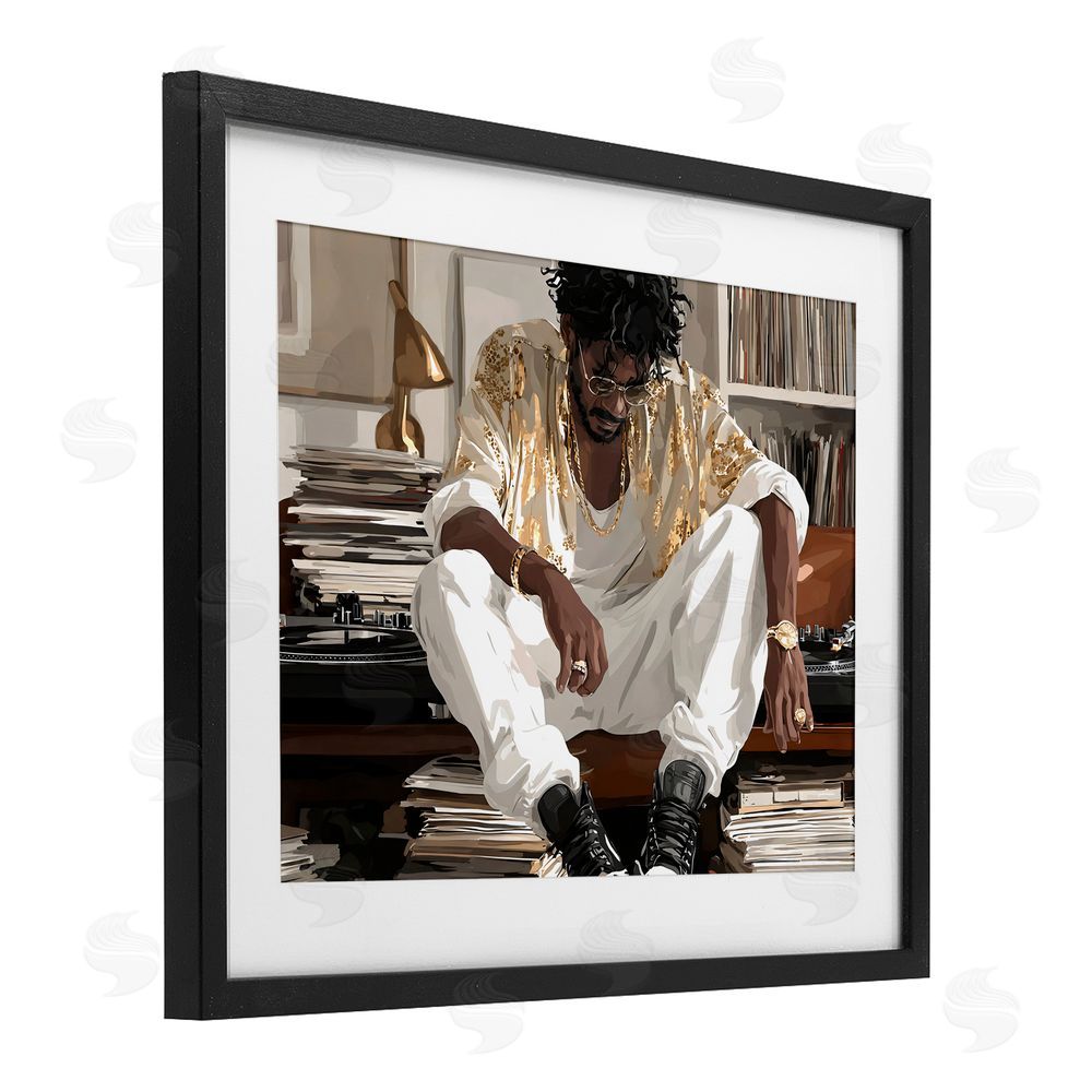 Franklyn Gregory DJ with Record Collection Black Framed Print Under Glass Wall Art