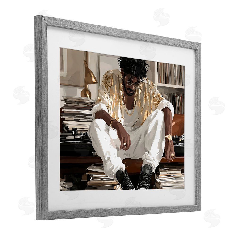 Franklyn Gregory DJ with Record Collection Gray Framed Print Under Glass Wall Art