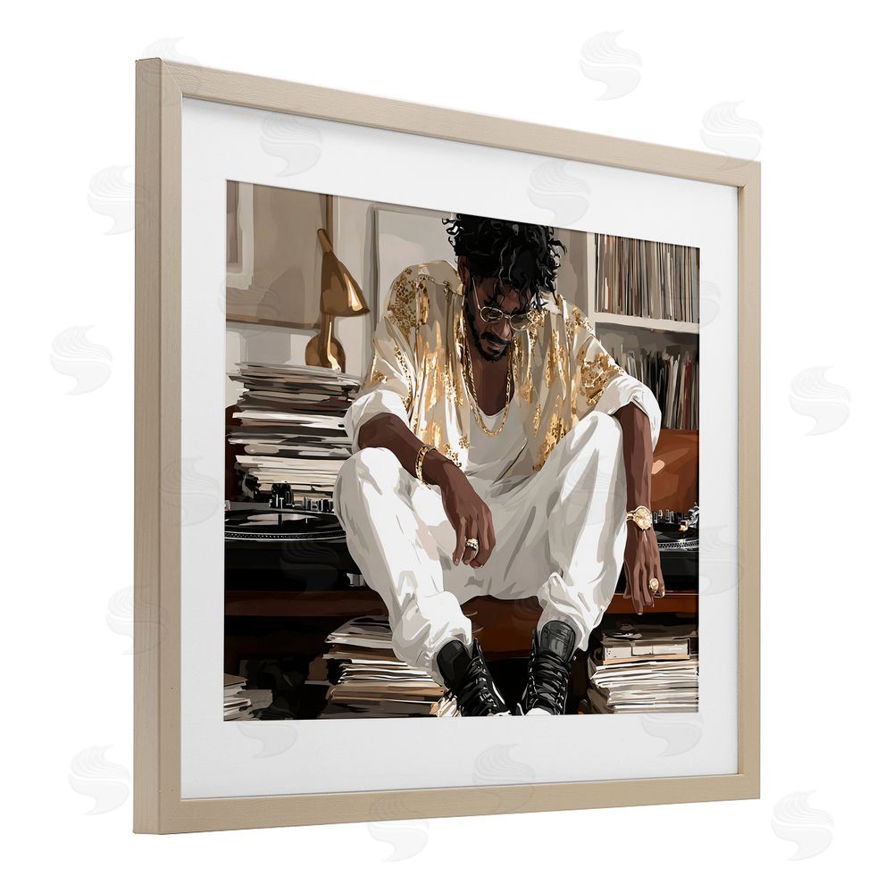 Franklyn Gregory DJ with Record Collection Brown Framed Print Under Glass Wall Art