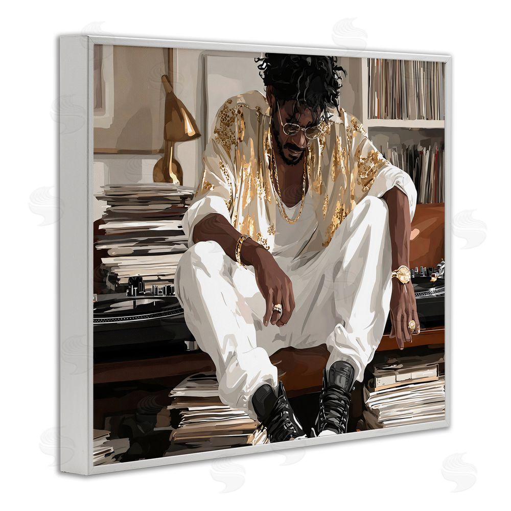 Franklyn Gregory DJ with Record Collection White Framed Giclee Wall Art Print