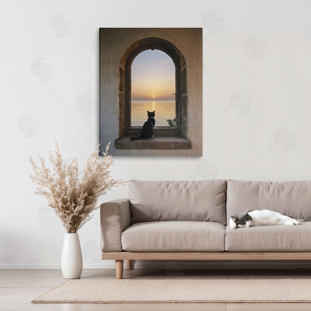 Creative Studio Cat Overlooking Water at Sunset Stretched Canvas Wall Art Print in Room