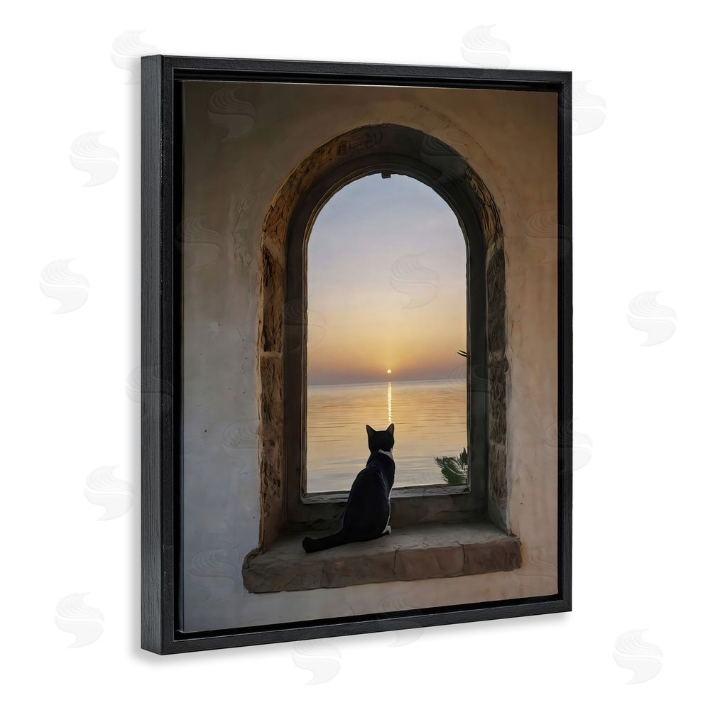 Creative Studio Cat Overlooking Water at Sunset Black Floating Frame Stretched Canvas Wall Art Print