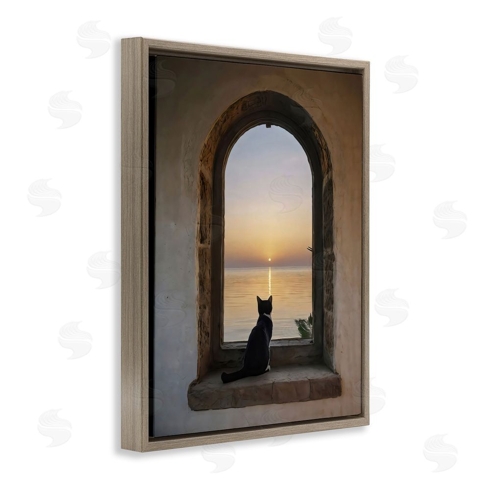 Creative Studio Cat Overlooking Water at Sunset Brown Floating Frame Stretched Canvas Wall Art Print