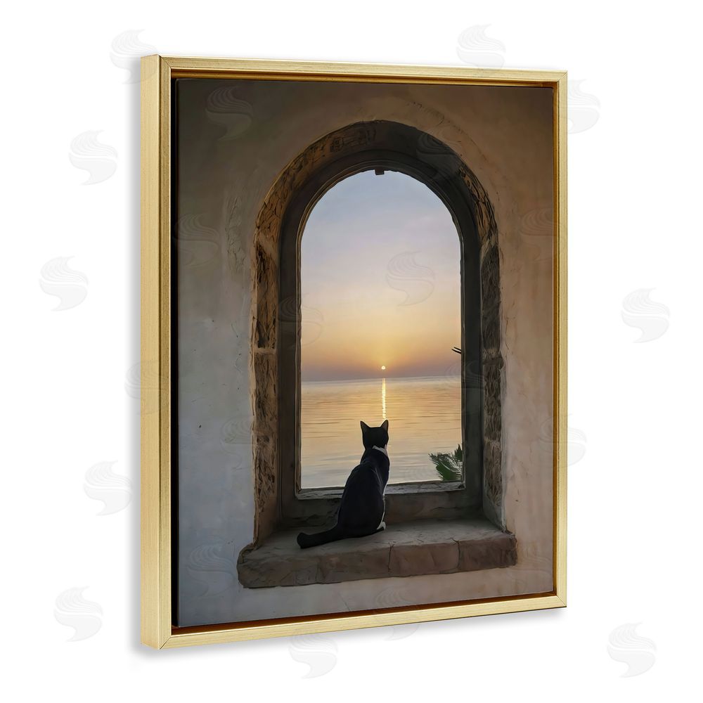 Creative Studio Cat Overlooking Water at Sunset Gold Floating Frame Stretched Canvas Wall Art Print