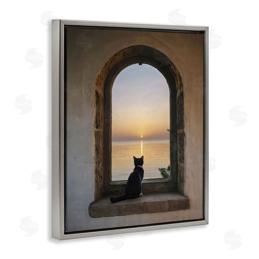 Creative Studio Cat Overlooking Water at Sunset Gray Floating Frame Stretched Canvas Wall Art Print