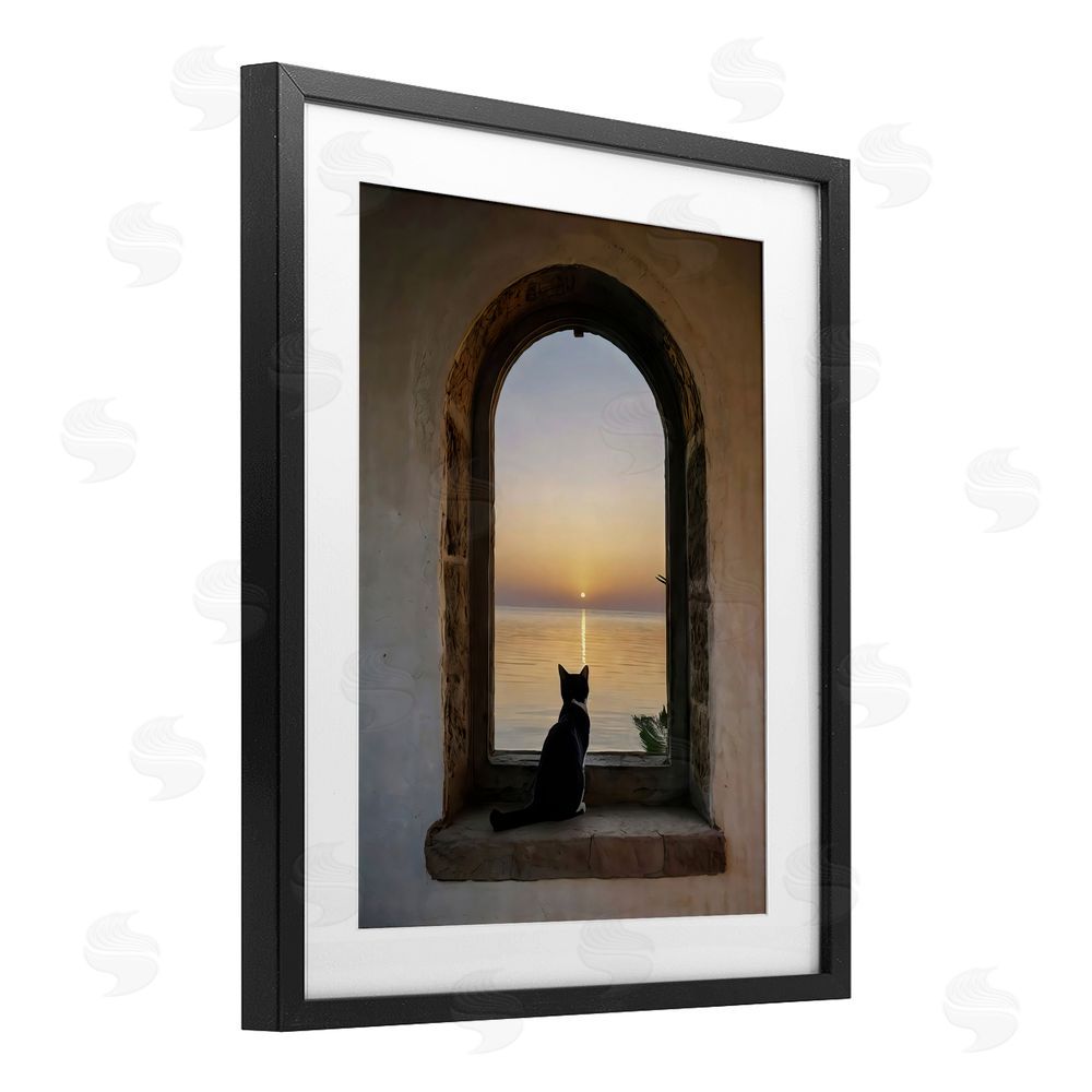 Creative Studio Cat Overlooking Water at Sunset Black Framed Print Under Glass with Matting Wall Art