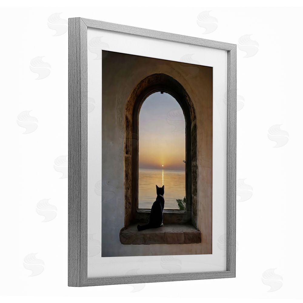 Creative Studio Cat Overlooking Water at Sunset Gray Framed Print Under Glass with Matting Wall Art