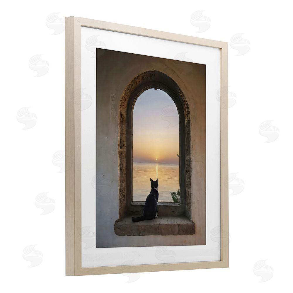 Creative Studio Cat Overlooking Water at Sunset Brown Framed Print Under Glass with Matting Wall Art