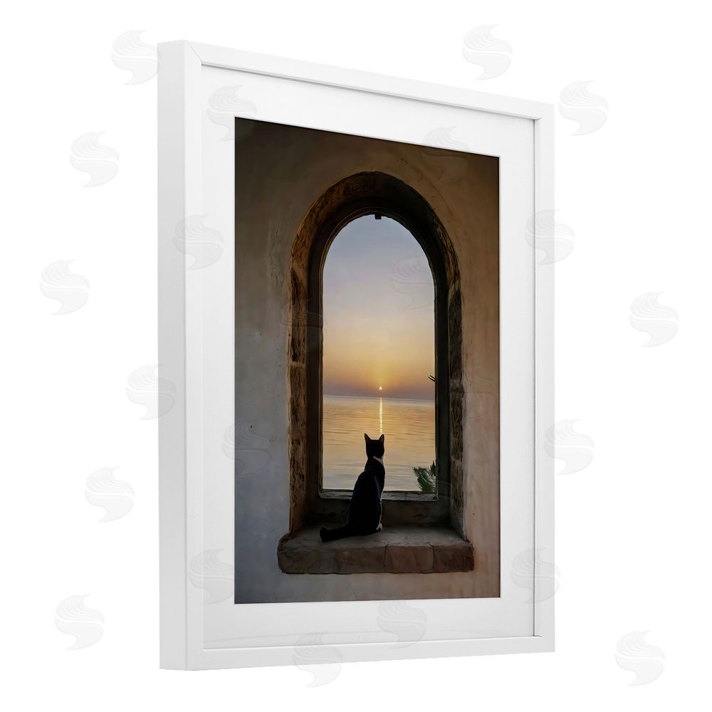Creative Studio Cat Overlooking Water at Sunset White Framed Print Under Glass with Matting Wall Art