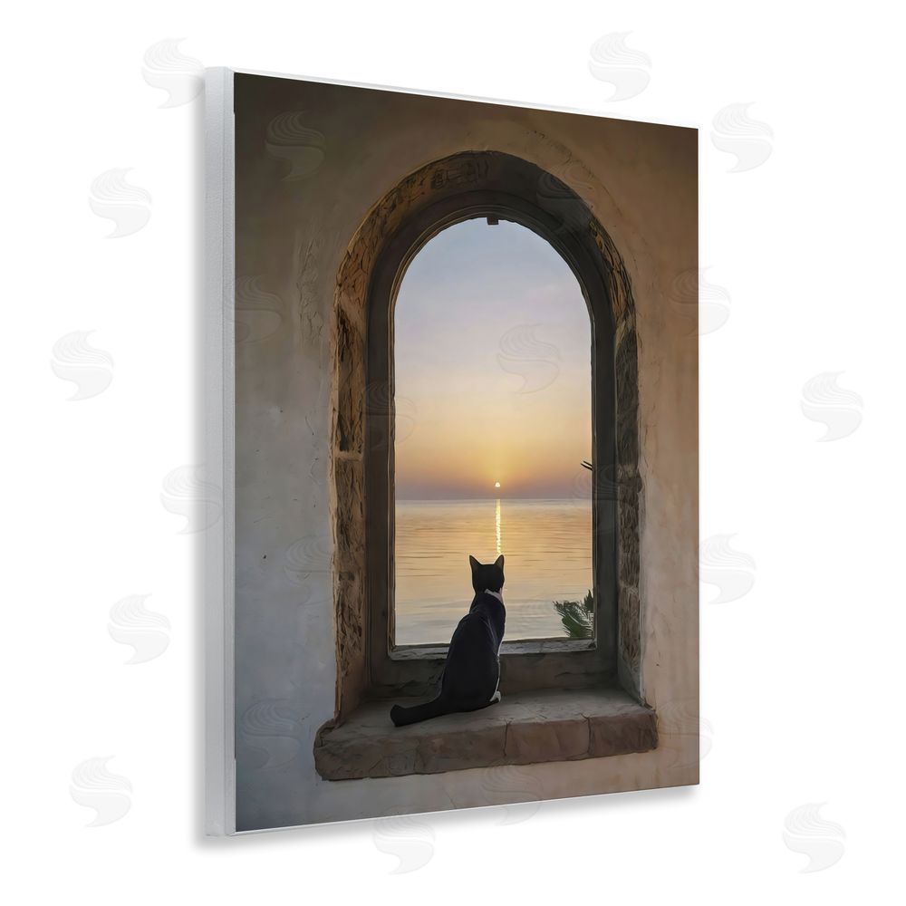 Creative Studio Cat Overlooking Water at Sunset Wall Plaque Art Print with White Foil Wrap