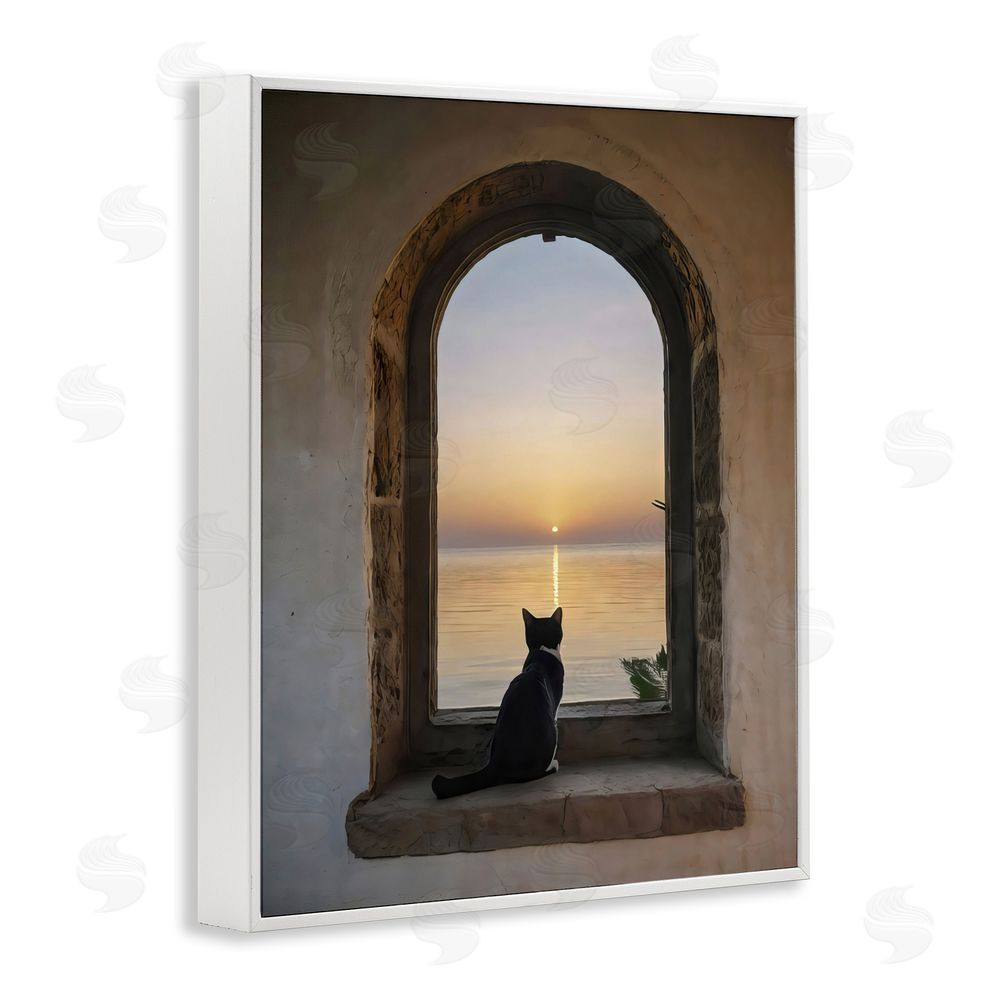 Creative Studio Cat Overlooking Water at Sunset White Framed Giclee Wall Art Print