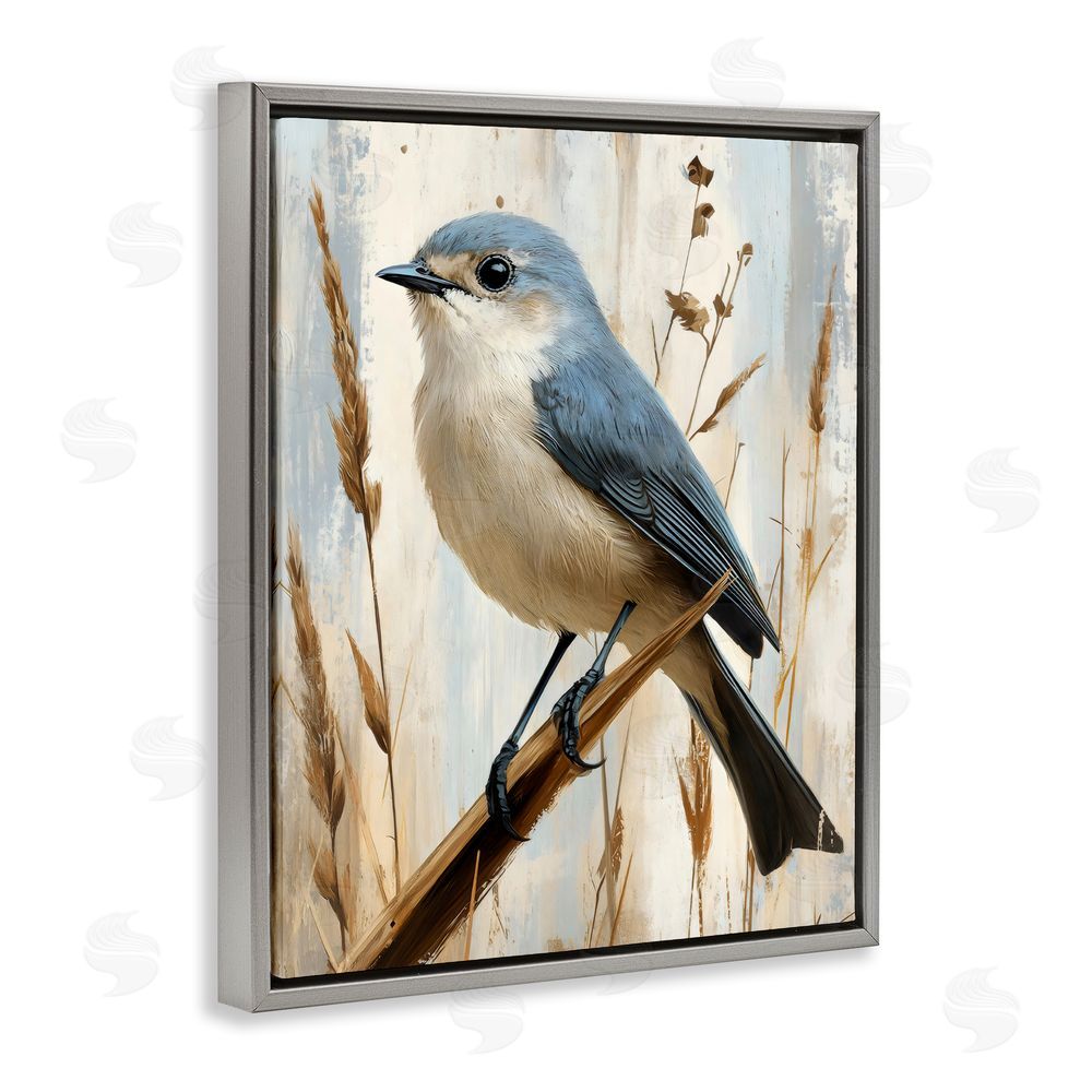 Creative Studio Bluebird on Tall Glass Perch Gray Floating Frame Stretched Canvas Wall Art Print